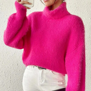 Hot Pink Casual Women's Turtleneck Drop Shoulder Fuzzy Sweater